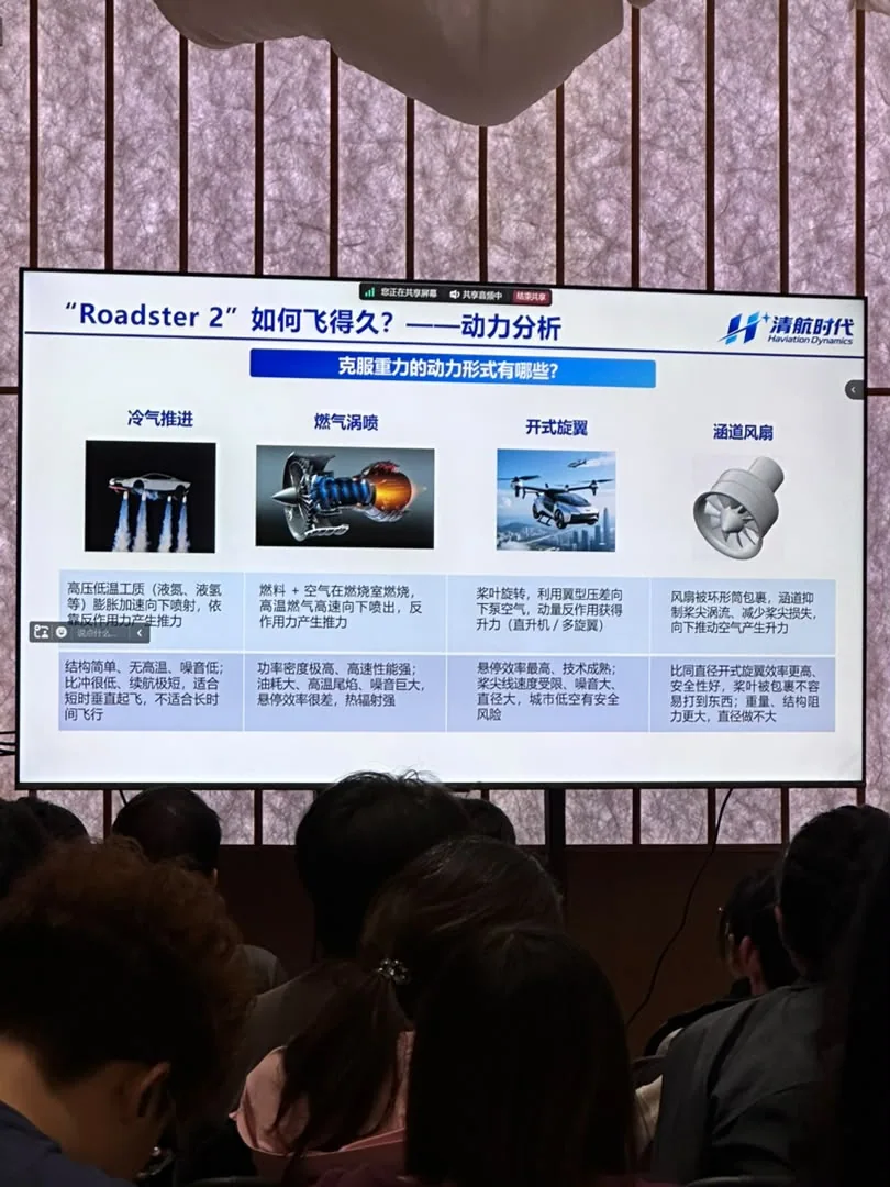 Presentation slide comparing cold-gas propulsion, turbojets, open rotors and ducted fans for flying vehicles