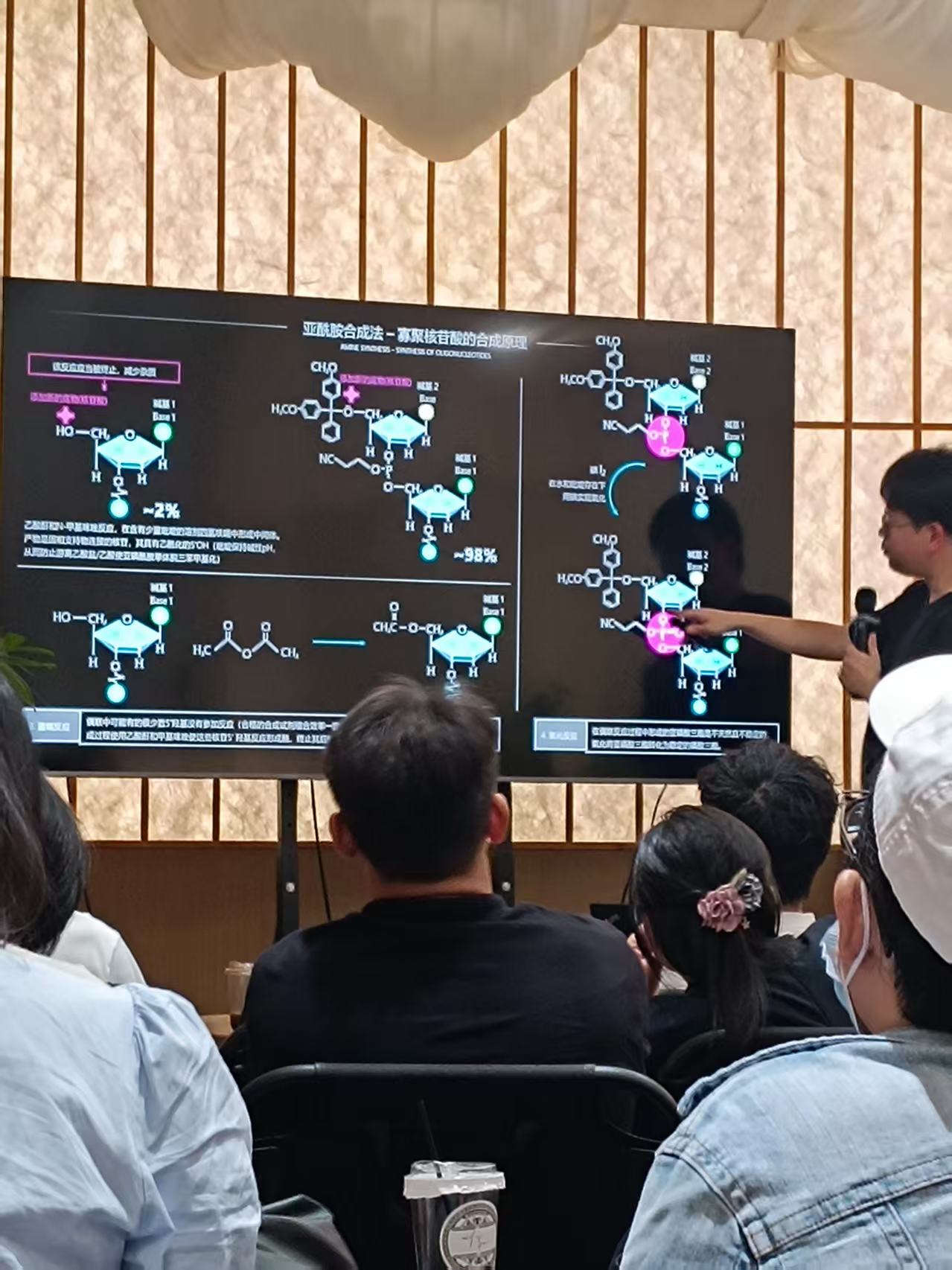 Presentation slide with chemical structures explaining nucleic acid synthesis