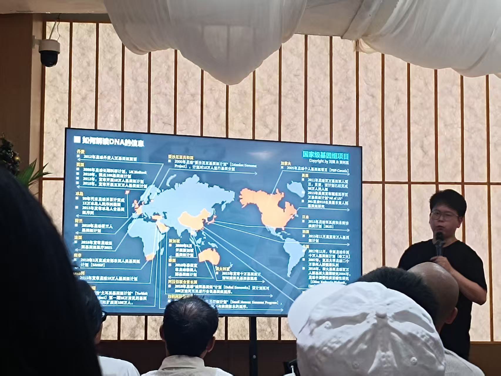 Speaker presenting a world map of national and international genomics initiatives